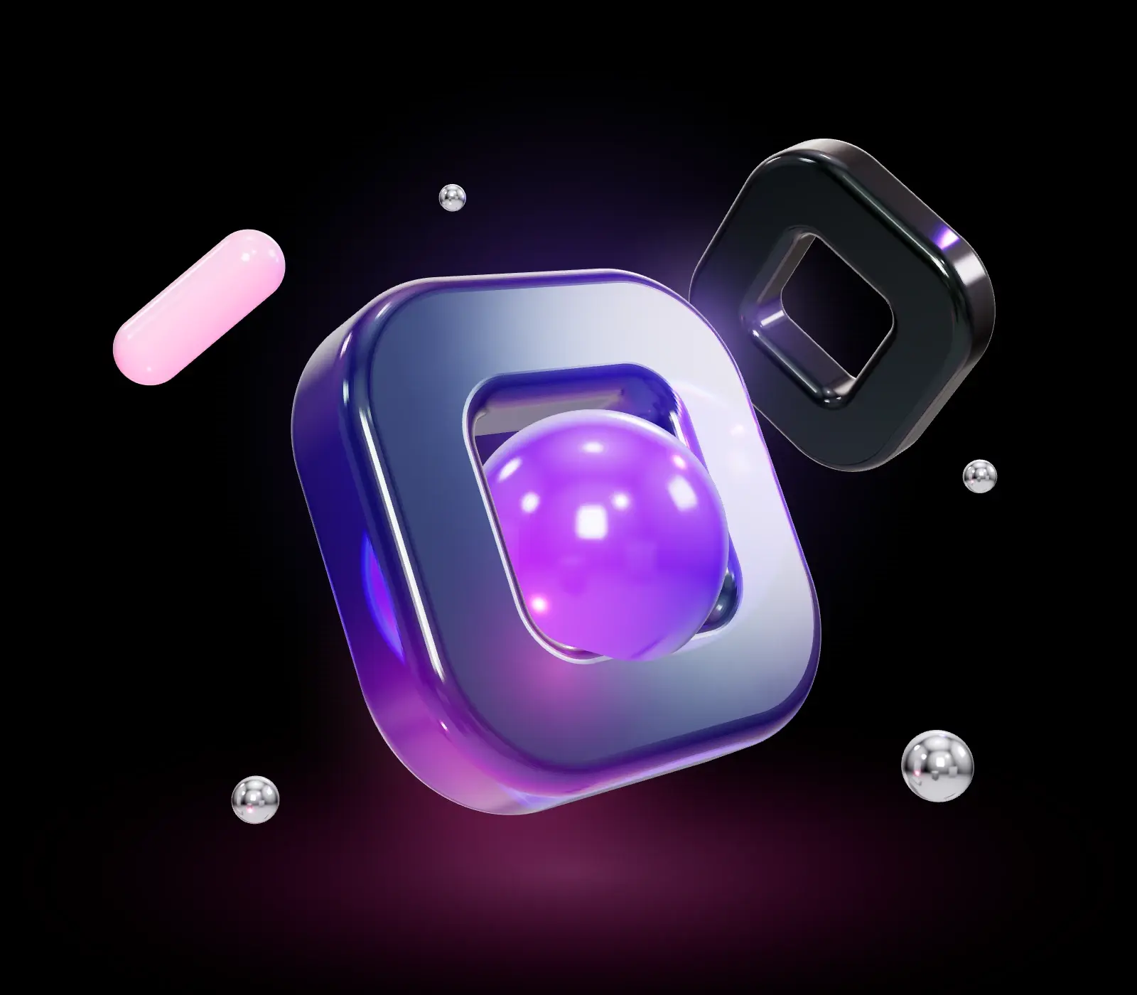 A glossy purple sphere passing through a rounded lilac glass frame, surrounded by metal beads