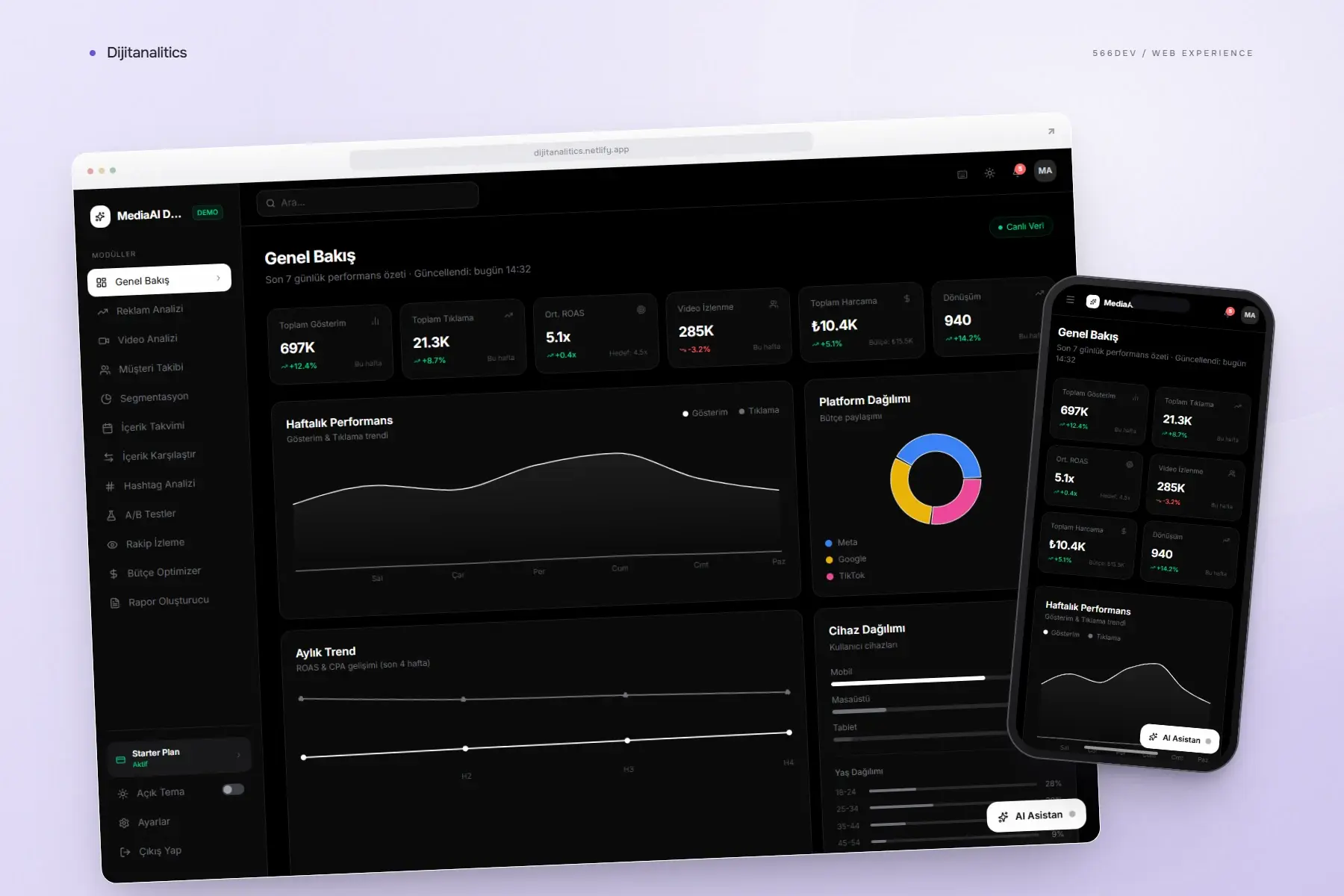 Dijitanalitics · MediaAI — desktop and mobile view