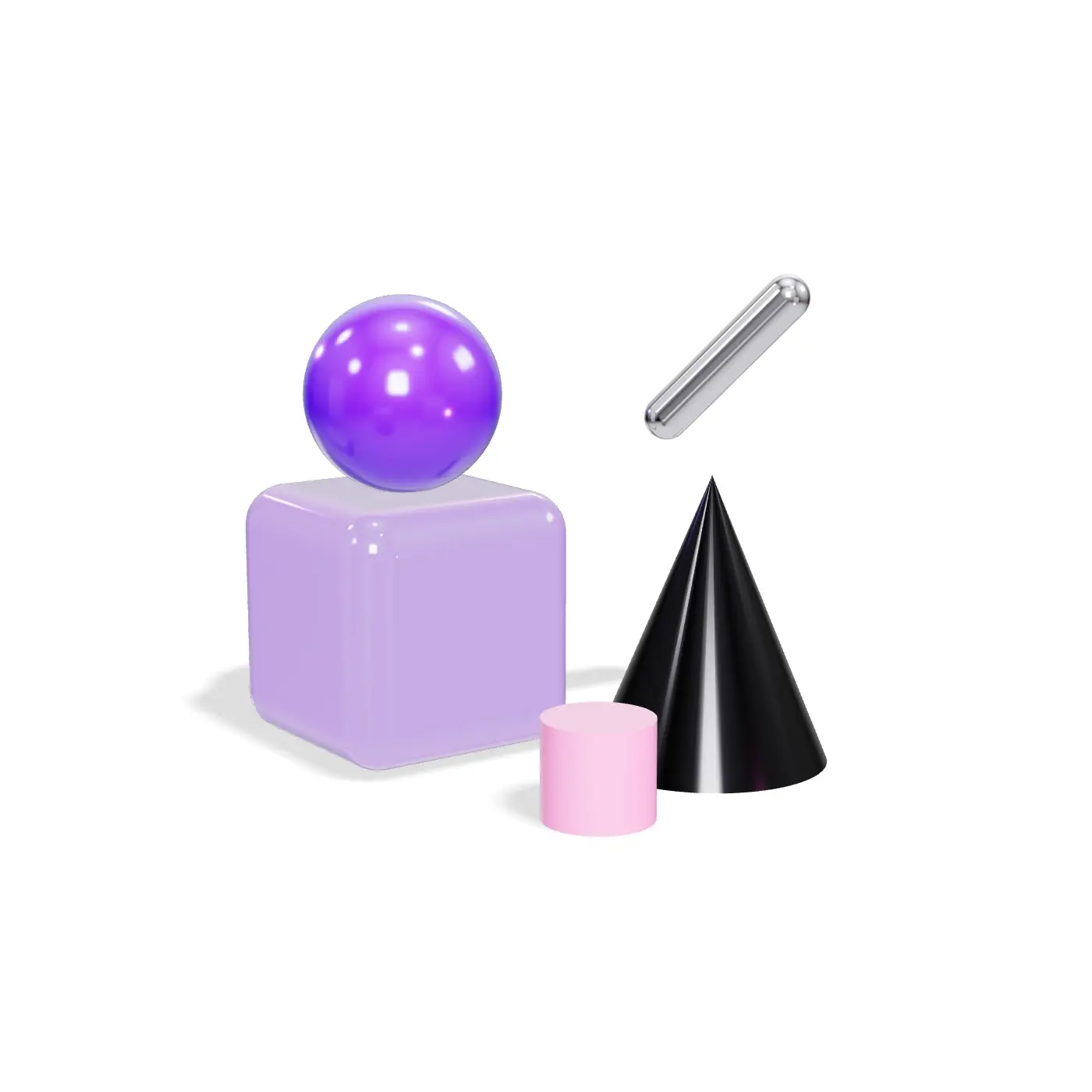A three-dimensional design illustration with a lilac glass cube, purple sphere, black cone and pink cylinder