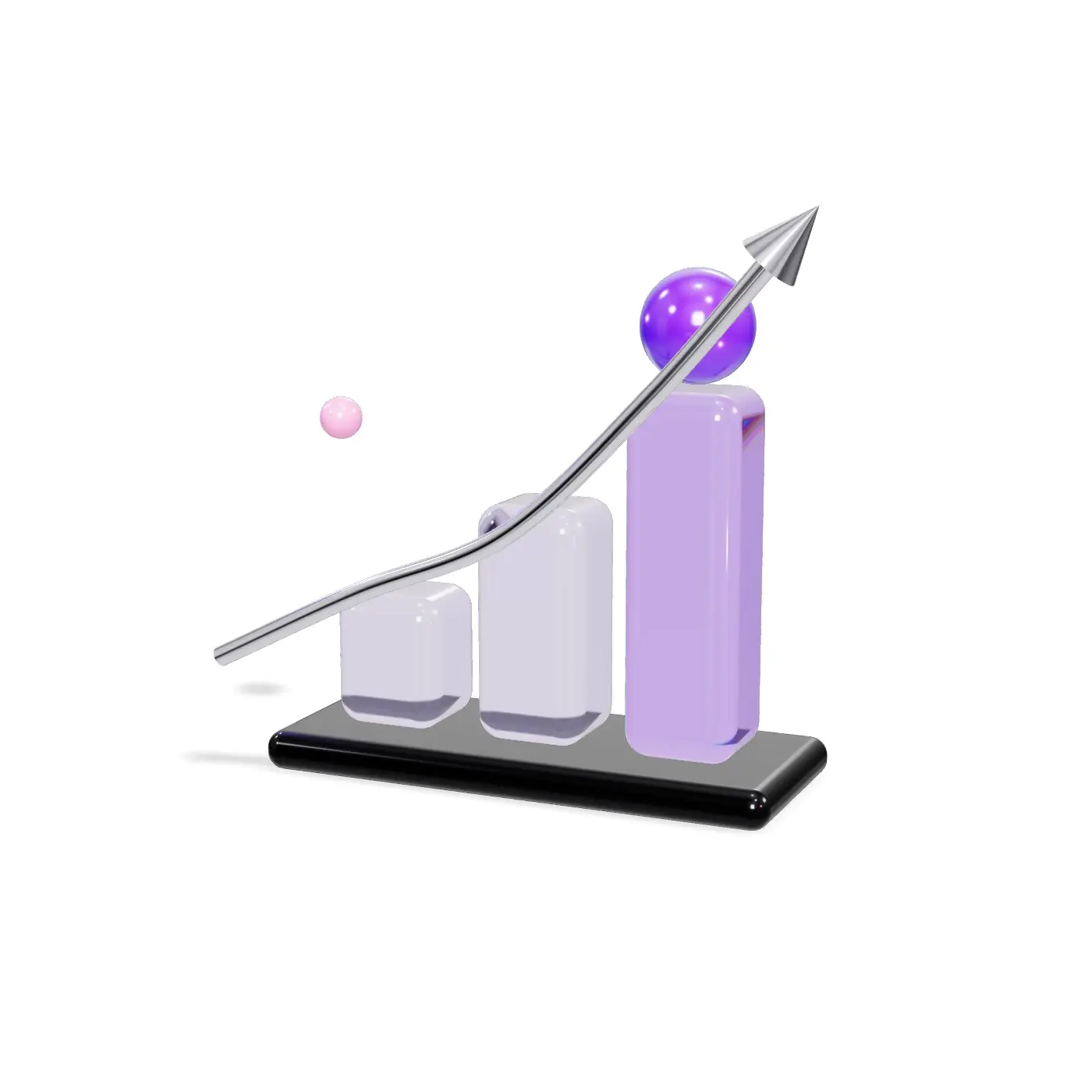 A three-dimensional illustration of rising glass bars and an upward metal arrow