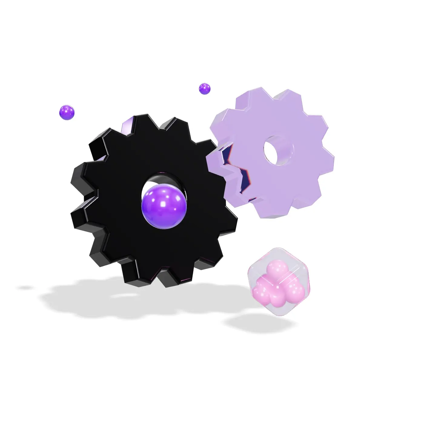A three-dimensional illustration of black metal and lilac glass gears with a purple sphere