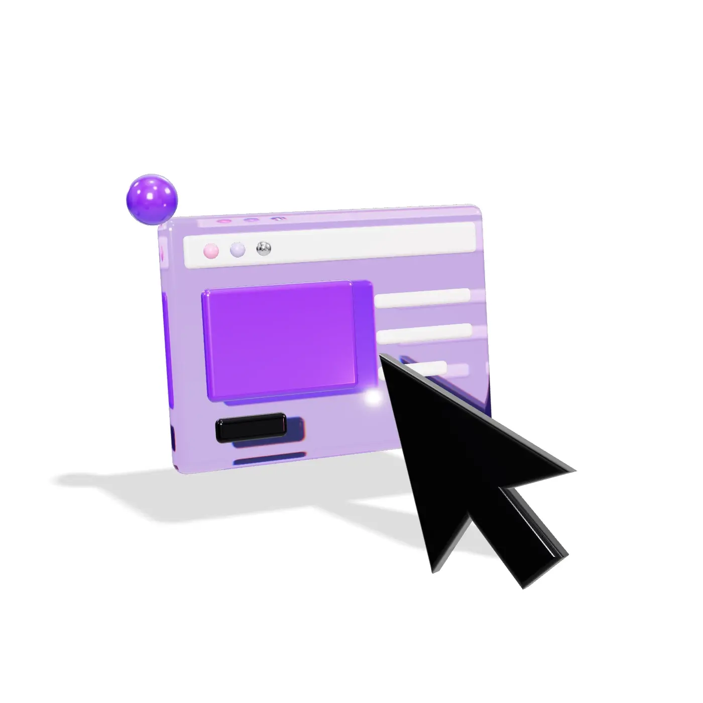 A three-dimensional illustration of a glass browser window and a glossy black cursor